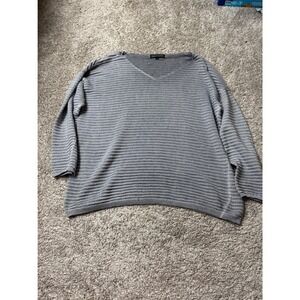 Flora Ashley Gray Ribbed V-Neck Sweater Womens Large 3/4 Sleeve Lightweight Knit